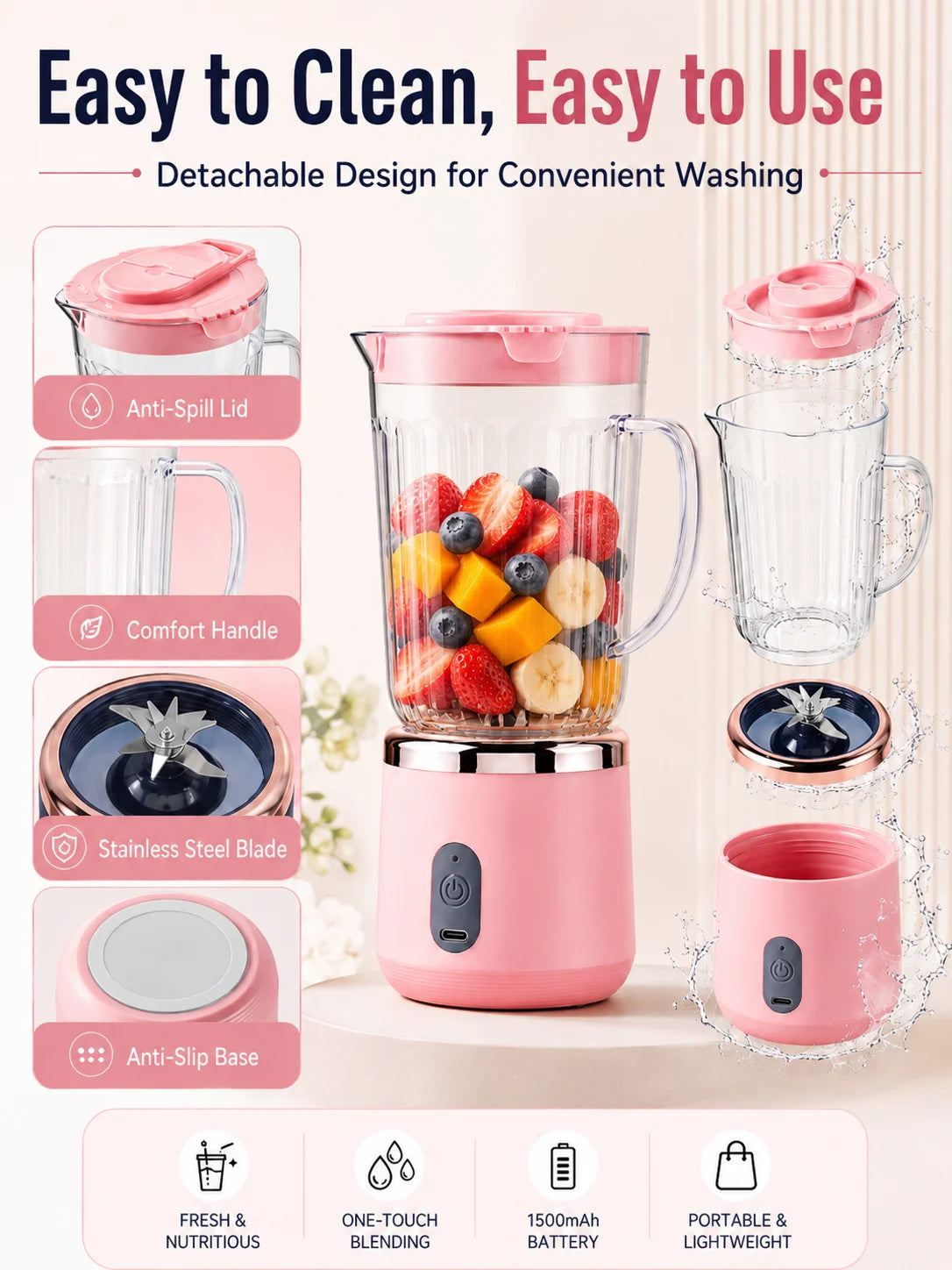 Kompakter 20cm Mini-Standmixer, 800ml großes Fassungsvermögen, USB-Ladefunktion, 304 Edelstahlklinge, Smoothie-Entsafter-Becher, leicht zu reinigen