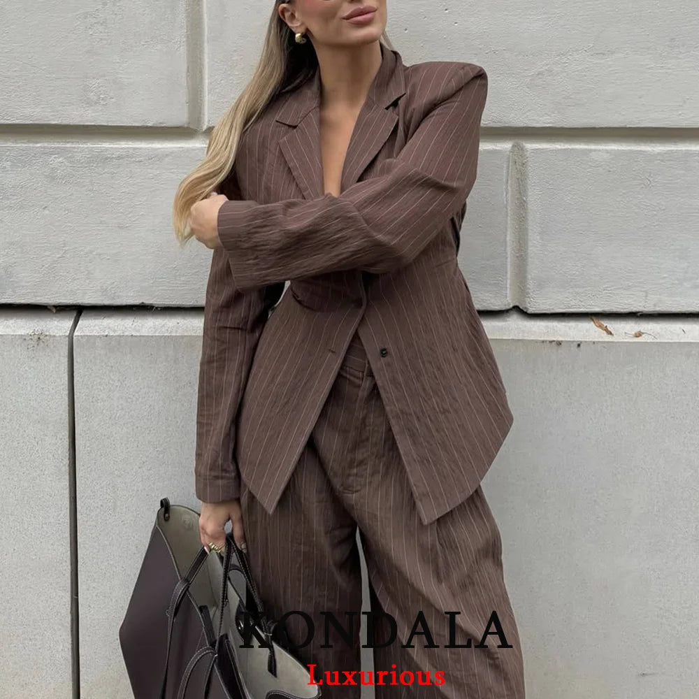 KONDALA Bürodame, schicke braune Anzüge, V-Ausschnitt, gestreift, lockerer Blazer, hohe Taille, weites Bein, Hosen, Mode, 2025, Herbst, lässige Damenanzüge