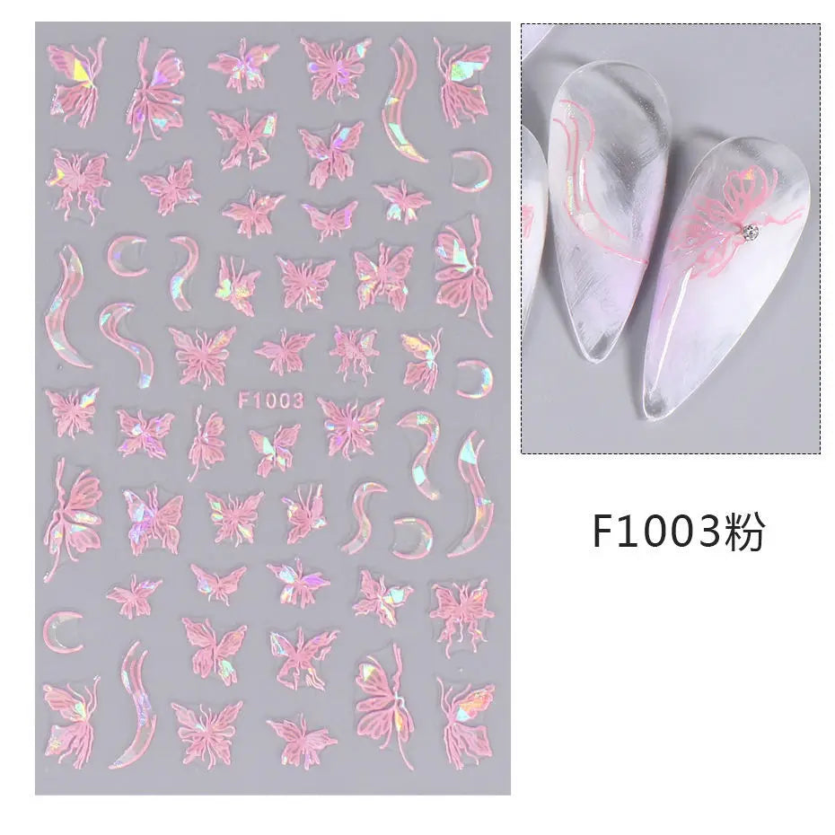 1PCS Schwarz Weiß Schmetterling Laser Nagel Aufkleber Y2K Nail art Dekoration Abstrakte Linien Bronzing Blumen Aufkleber Für Nägel