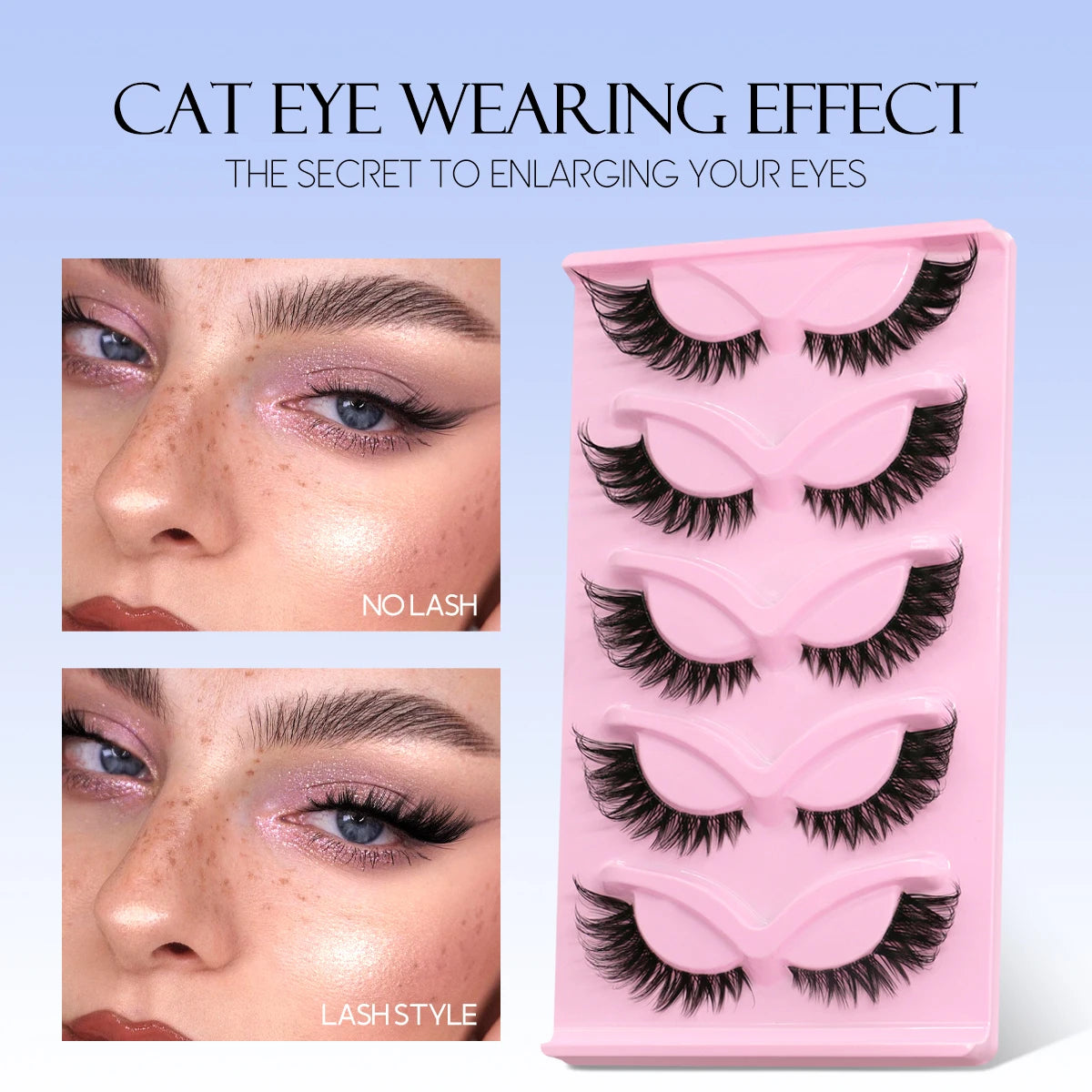 GROINNEYA Katzenaugen-Wimpern, 5 Paar, natürliche künstliche Wimpern, klare Band-Wimpern, natürliches, langes, geflügeltes Ende, längliche Wimpern, Make-up