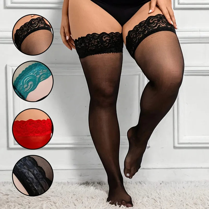 NEUE elastische schwarze Seidenstrümpfe mit Spitze für Damen, rutschfeste, dünne Overknee-Strümpfe, große Größen, Netzstrümpfe, lange Weihnachtsstrümpfe, sexy 3XXL