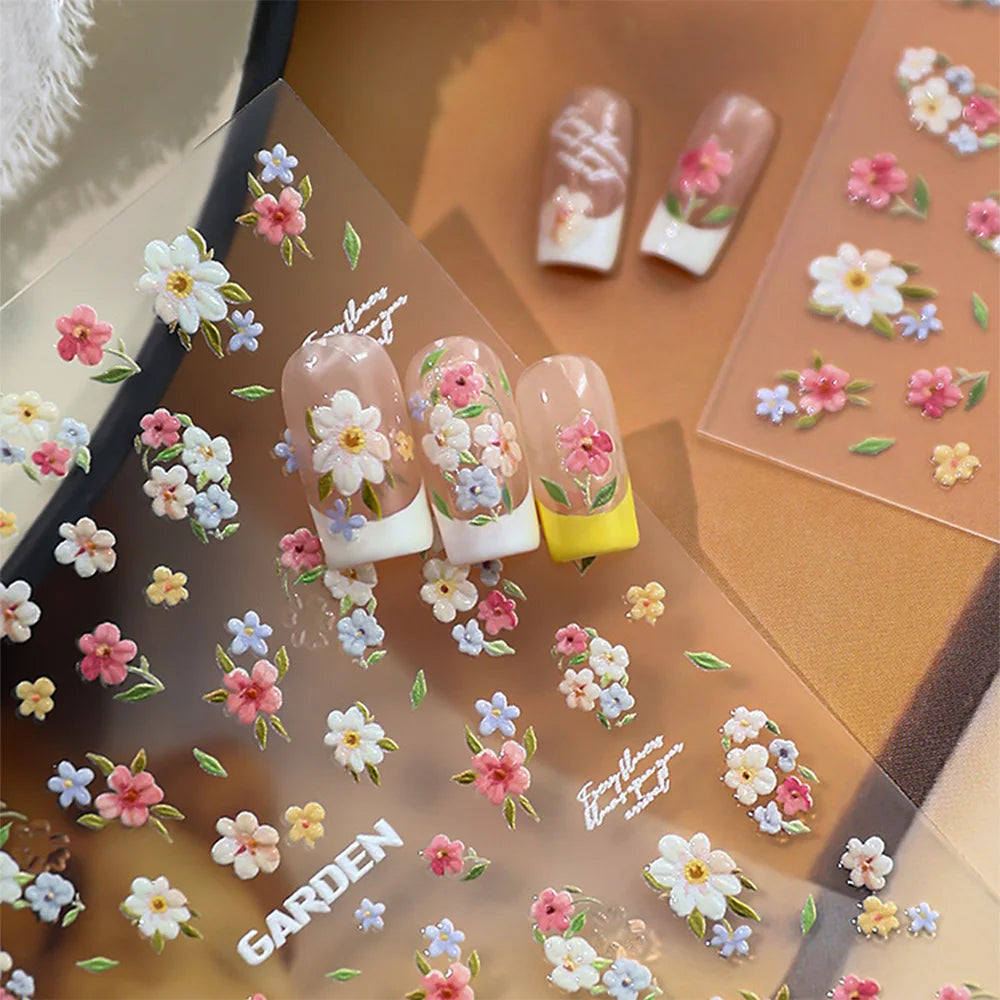 1 Stück 5D Elegante Rosa-Weiß-Blaue Blumen-Nagelaufkleber Aurora-Muschel Grüne Blätter Nagelsticker Selbstklebende Mini-Blumen-Nageldekoration