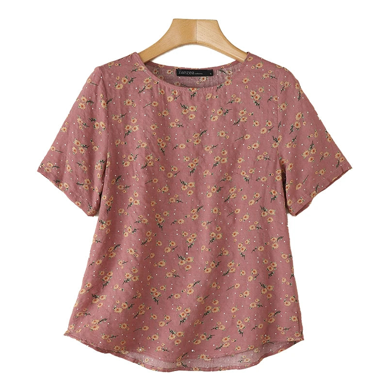 2026 ZANZEA Sommer Bedruckte Bluse Damen Lässige Halbarm-Blumen-Tunika-Oberteile O-Ausschnitt Arbeitshemd Bohemian Loose Fit Urlaubsblusen