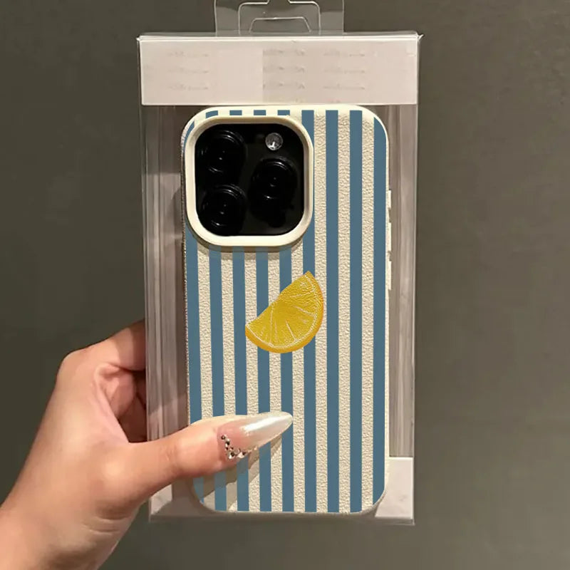 Für iPhone 17 16 15 14 13 12 11 Pro Max Hülle Blau gestreift Zitronenfrisches Muster Cover für iPhone XS X XR 16 Plus 16e Soft Funda