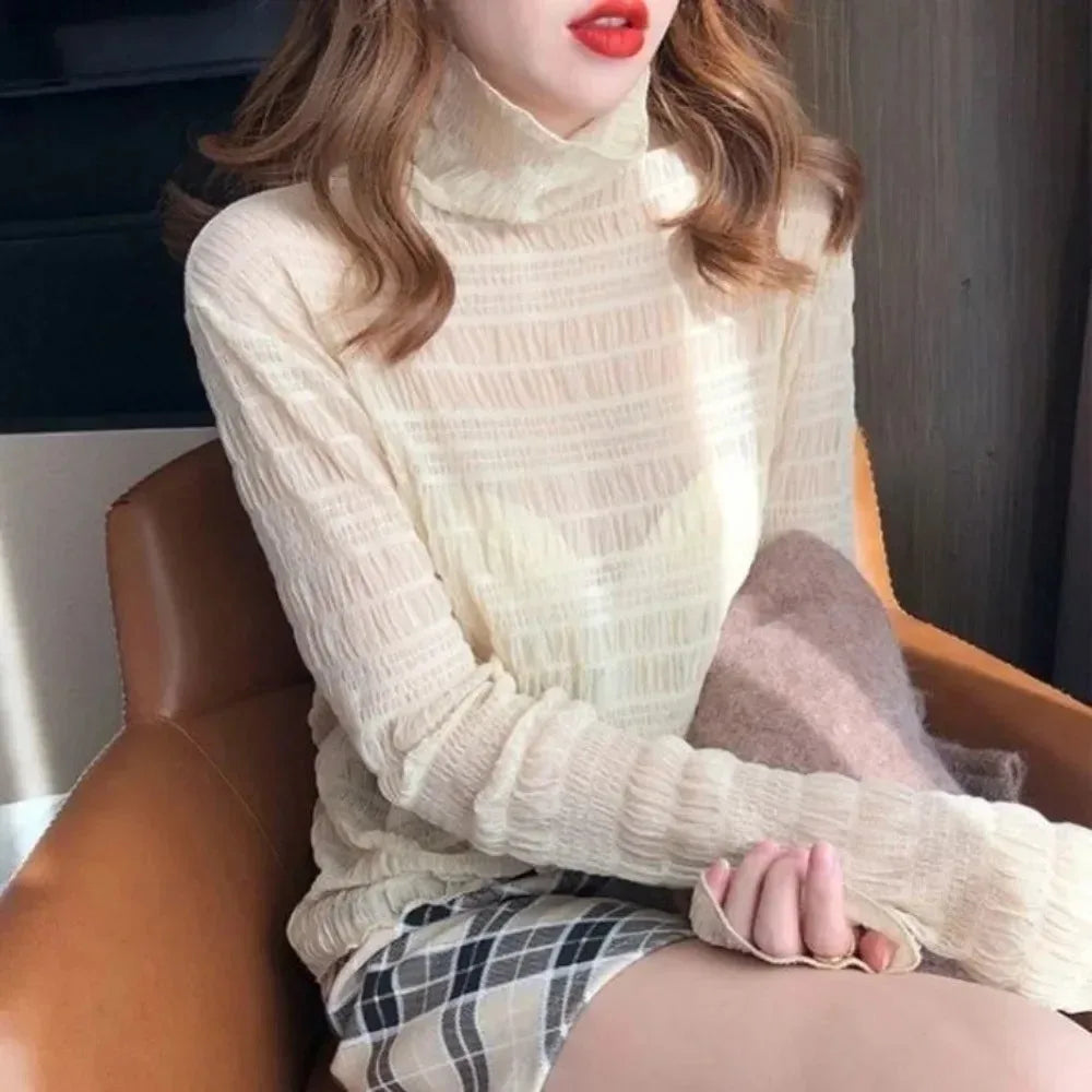 Elegante Damen-Bluse mit Hohem Kragen und Polka Dots, Mesh-Spitzenbesatz, Puffärmel, Schlanke Passform, Büro-Damenmode, Tägliche Oberteile