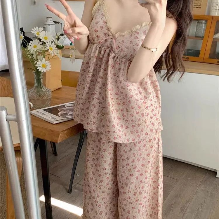 Frauen Neue Pyjamas Homewear Set Sommer Retro Kleine Gebrochene Blumen Halter Kurzarm Lange Hosen Dünne Pyjamas Homewear set
