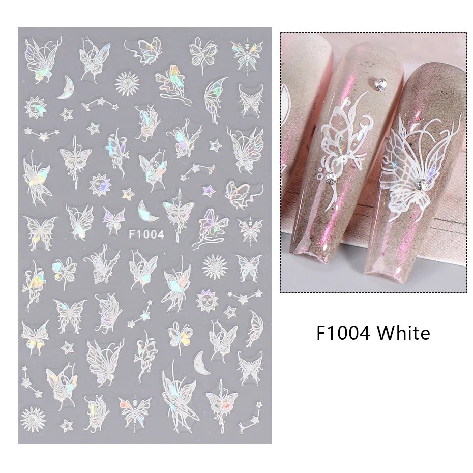 1PCS Schwarz Weiß Schmetterling Laser Nagel Aufkleber Y2K Nail art Dekoration Abstrakte Linien Bronzing Blumen Aufkleber Für Nägel