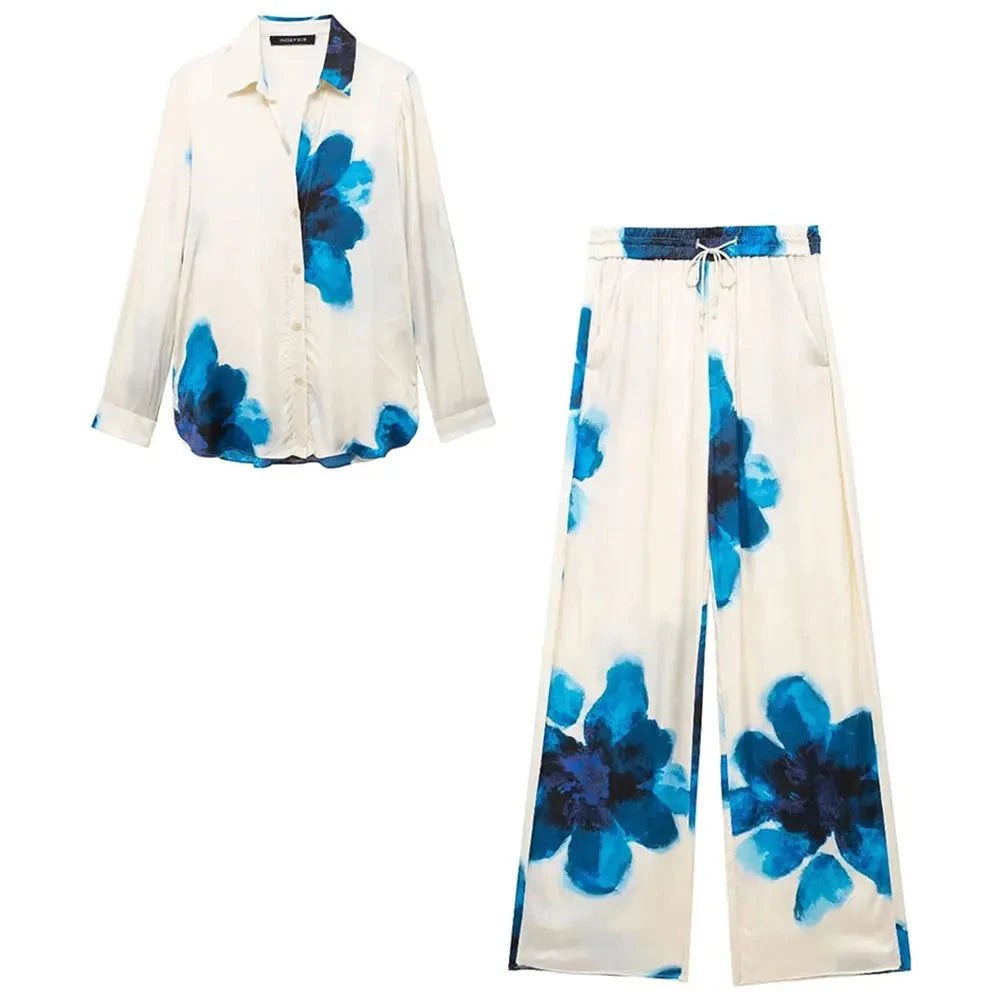 HH 2024 Sommer Weibliche Elegante Blumen Druck 2 Stück Anzug Lange Ärmel Revers Bluse + Kordelzug Breite Bein Hosen kausalen Outfit