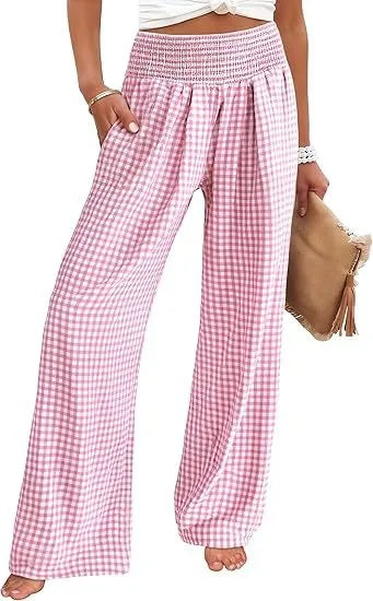 2025, Frühling und Herbst, neue Freizeithose, kariert, locker, grenzüberschreitend, Damenmode, lässig, elastische Taille, weites Bein