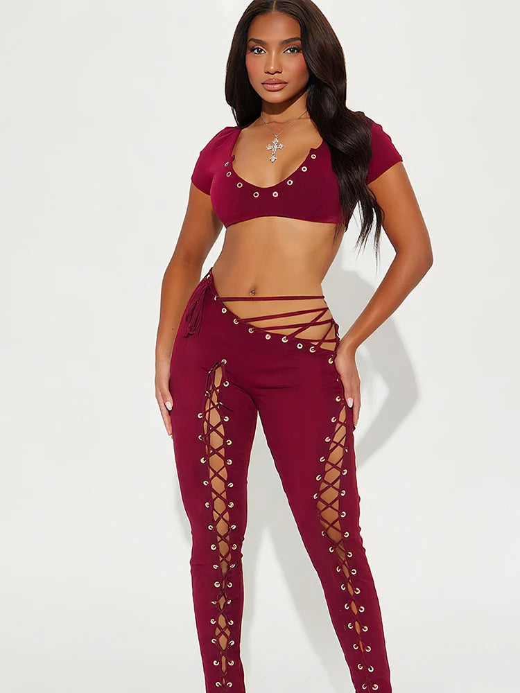 kliou Kreuz Kordelzug Frauen 2-teiliges Set Sexy Mode Halter Bandage Tanks + Slash Bandage Dünne Hosen Weibliche Coquette Clubwear