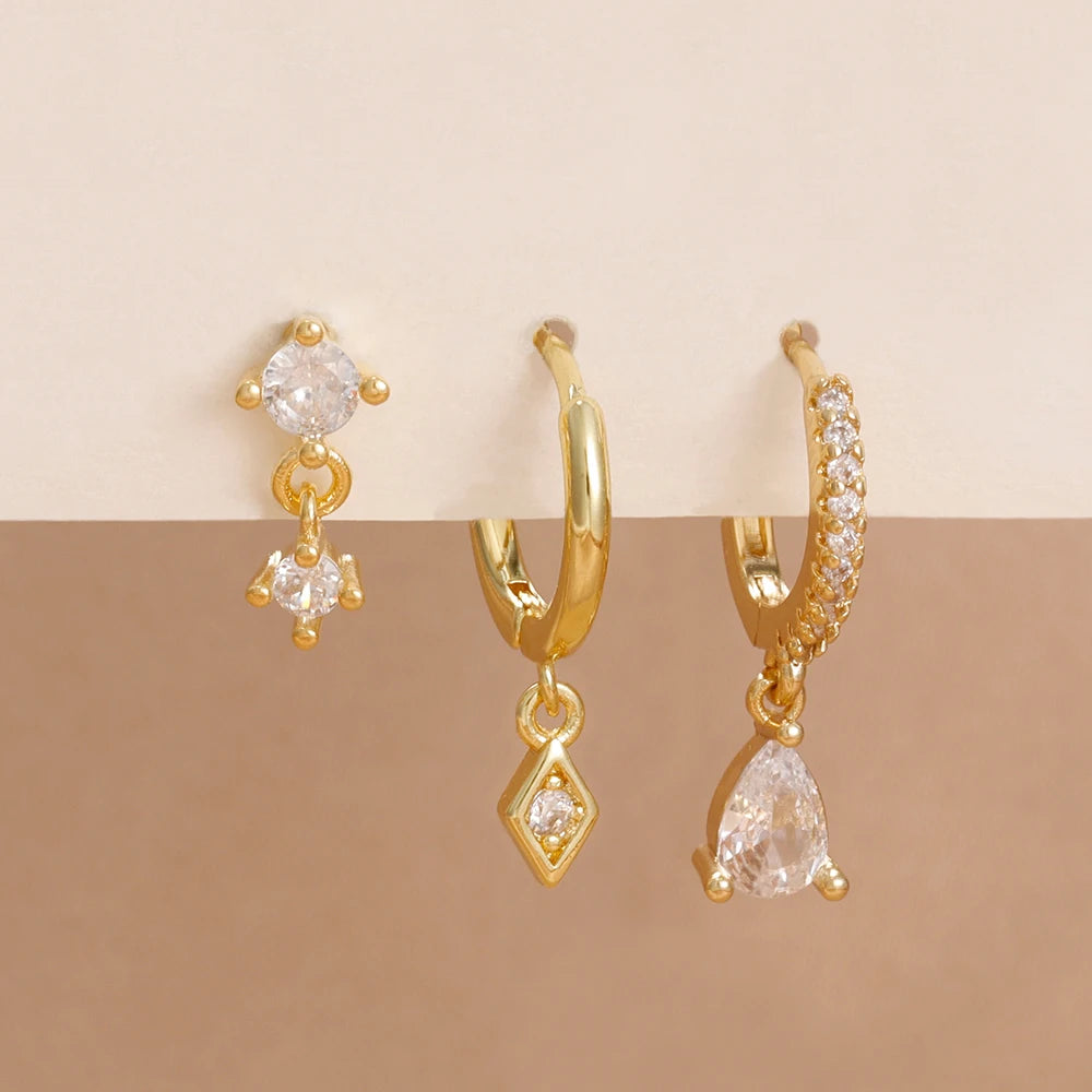 3PCS Neue Ankunft Französisch Design Edelstahl Kristall Mode Baumeln Ohrring Set Für Frauen Zirkon Anhänger Piercing Schmuck