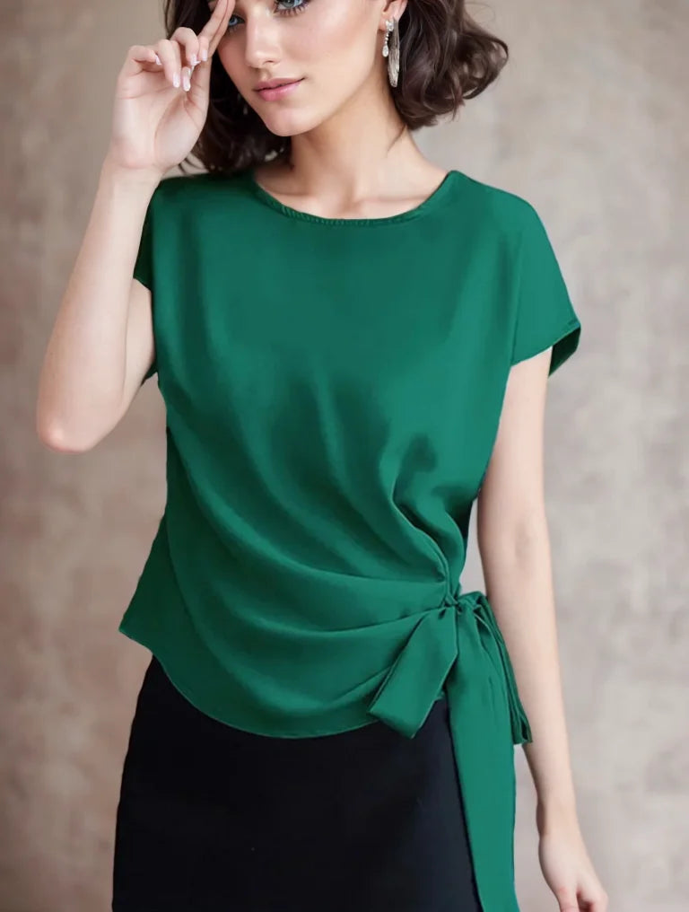 Frauen Frühling Sommer Stil Blusen Hemden Dame lässig O-Ausschnitt Kurzarm Fliege Dekor Blusas Tops
