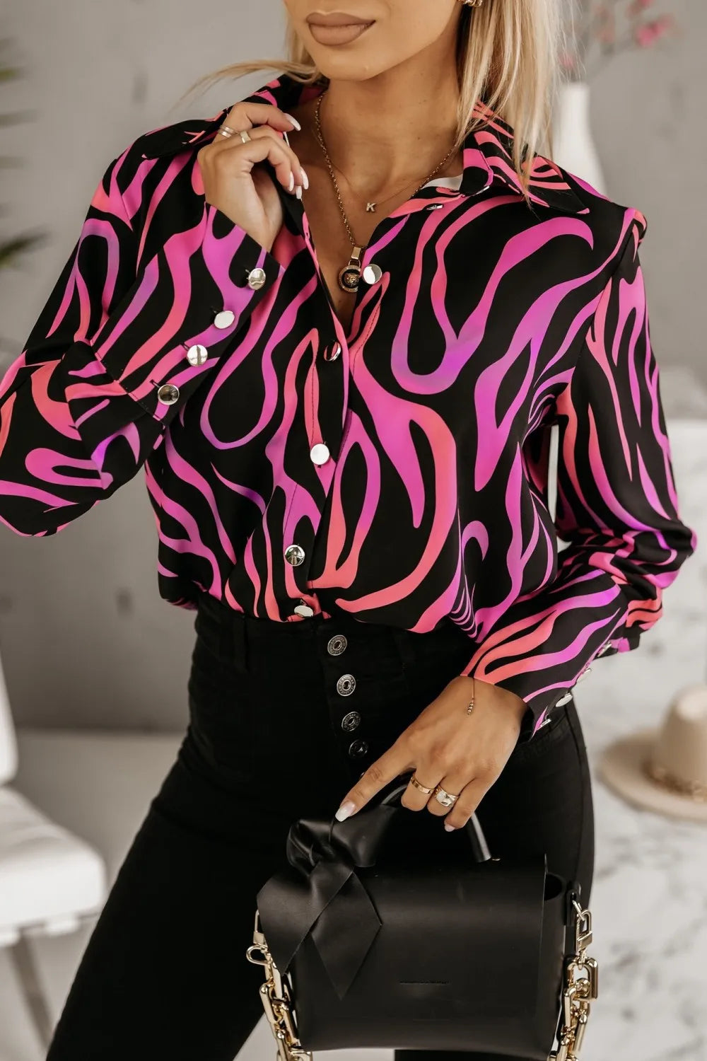 Damen Retro-Bluse mit geometrischem Print, langen Ärmeln, Reverskragen und Knopfleiste – Schickes, lässiges, locker sitzendes Oberteil für Frühling/Sommer