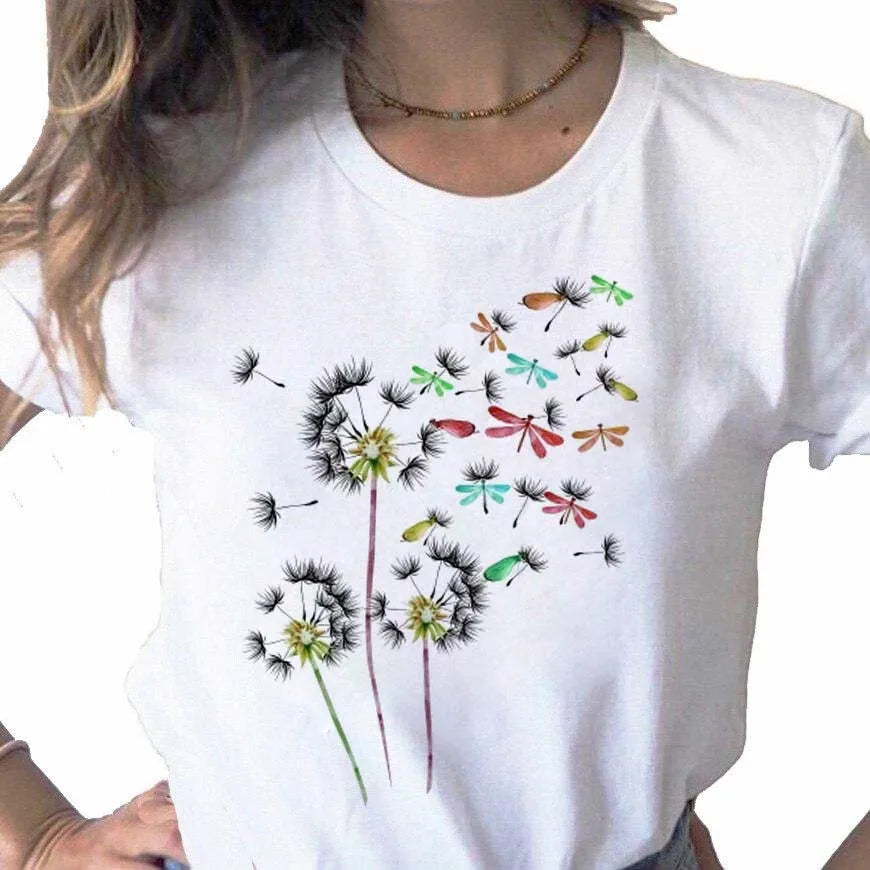 Neue Löwenzahn gedruckt Frauen T-Shirt Cartoon Grafik gedruckt schwarz Damen T-Shirt lässig Frau Shirt lustige T-Shirts