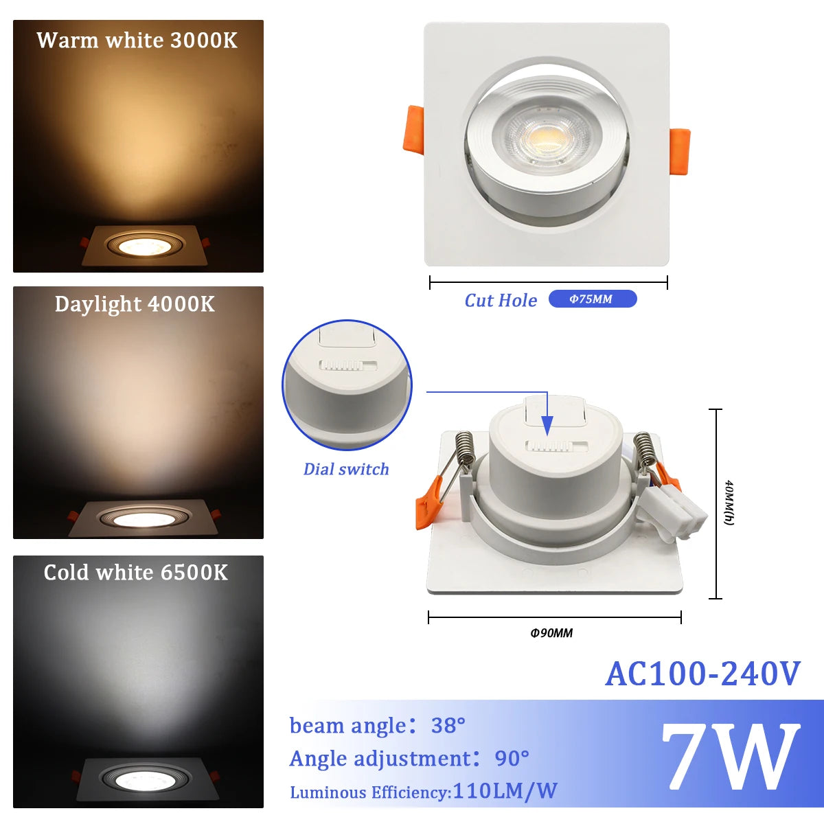 1-10 Stück 7W 3 CCT LED Farbwechsel 3000K 4000K 6000K LED-Deckenstrahler Einbauleuchte AC 110V 220V Einstellbar 90° °   Beleuchtungsspot
