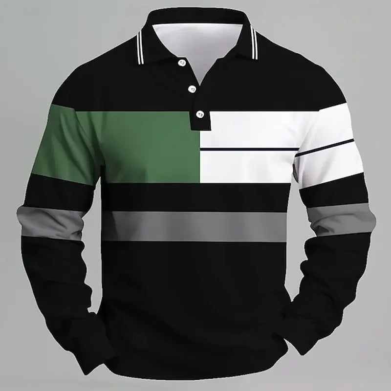 Herren Langarm-Poloshirt für Frühling und Herbst mit Kontrastfarben, Lässiger Schnitt, Sommer-Mode, Business-Stil