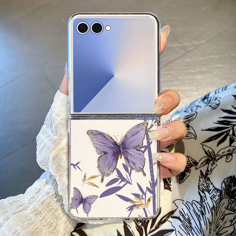 Blaue Blumen Muster Handyhülle für Samsung Galaxy Z Flip 7 FE 6 5 4 3 5G Hard PC Transparent Folding Cover für Samsung Z Flip7
