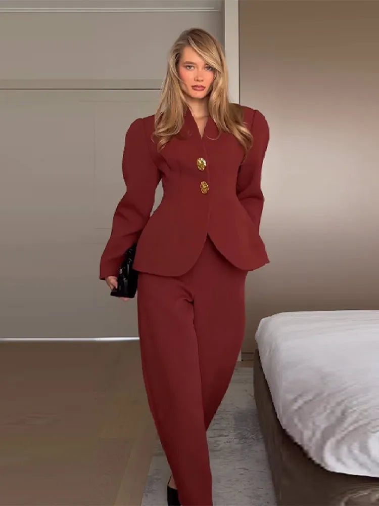 Elegante Anzug Jacke Hosen Set Frauen Schlank V-ausschnitt Puff Sleeve One Button Blazer Solide Gerade Hose 2025, Dame Büro Outfit