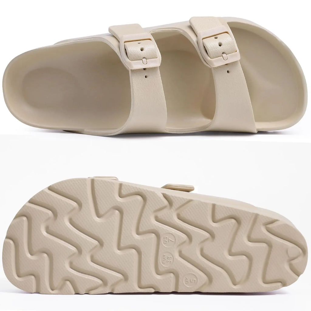 Comwarm Damen-Plateausandalen mit Fußgewölbeunterstützung, Sommer-Strand-Slipper, dicke Sohlen, flache Slip-On-Sandalen mit verstellbarer Schnalle
