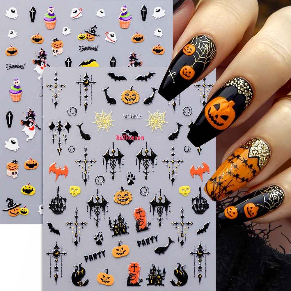 5D Halloween Geist Fledermaus Kürbis Nagel Aufkleber Glänzende Spinne Skelett Vintage Kreuz Nagel Aufkleber Halloween Gruselige Nagel Slider Decora