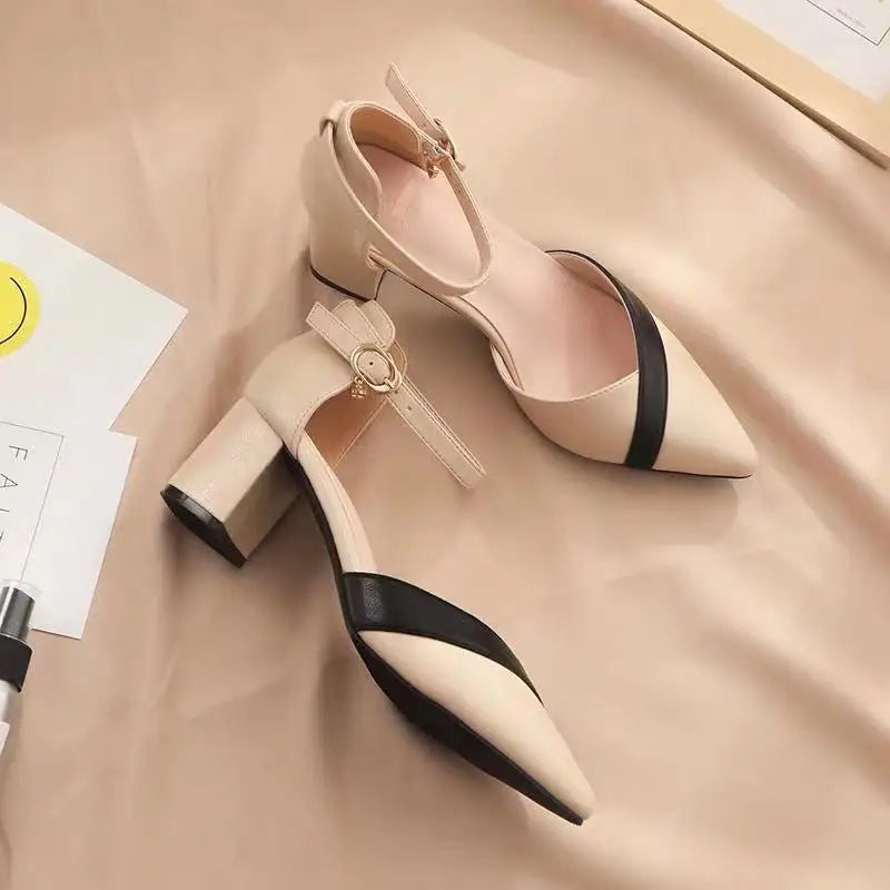 Klassische Damen-Pumps mit Beigefarbenem Quadratischem Absatz und Spitzer Form für Partys, Frühling und Sommer, Schwarze Schnalle, PU-Leder, Professionelle Schuhe