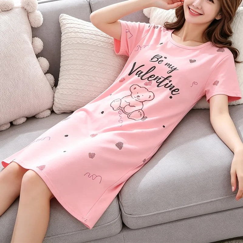 Damen Übergrößen-Pyjama Kurzärmeliges Nachthemd Cartoon-Bär Langer Studenten-Bademantel Hasen-Maxirock Loungewear Mädchenkleid