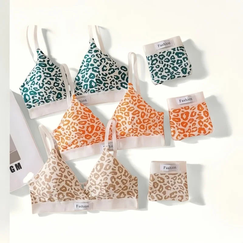 Frauen V-ausschnitt Bh Und Höschen Set Niedrige Taille Höschen Weibliche Sexy Dessous Set Leopard Print Baumwolle Bh Sport Unterwäsche Set