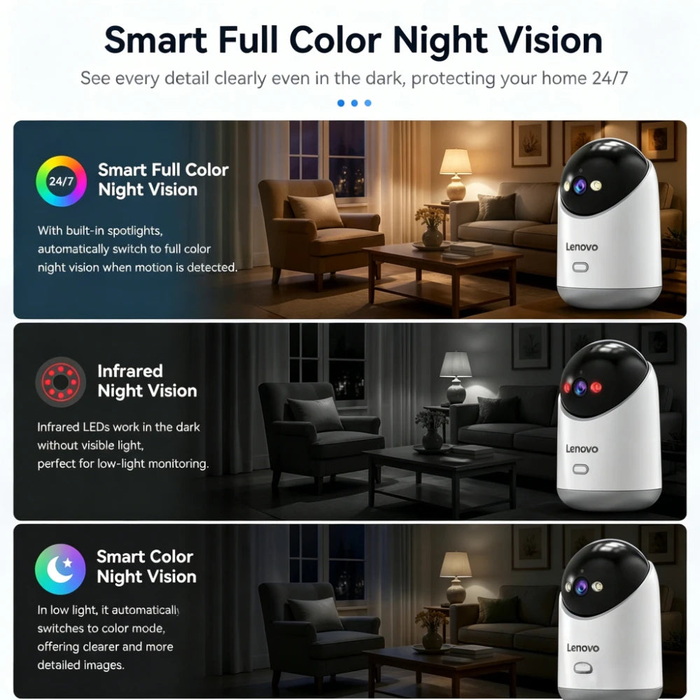 Lenovo 3K HD Indoor PTZ WLAN-Sicherheitskamera mit Auto-Tracking, Zwei-Wege-Audio, Farbnachtsicht und 360°-Ansicht °   Drahtloser Babyphone mit Schwenk- und Neigefunktion