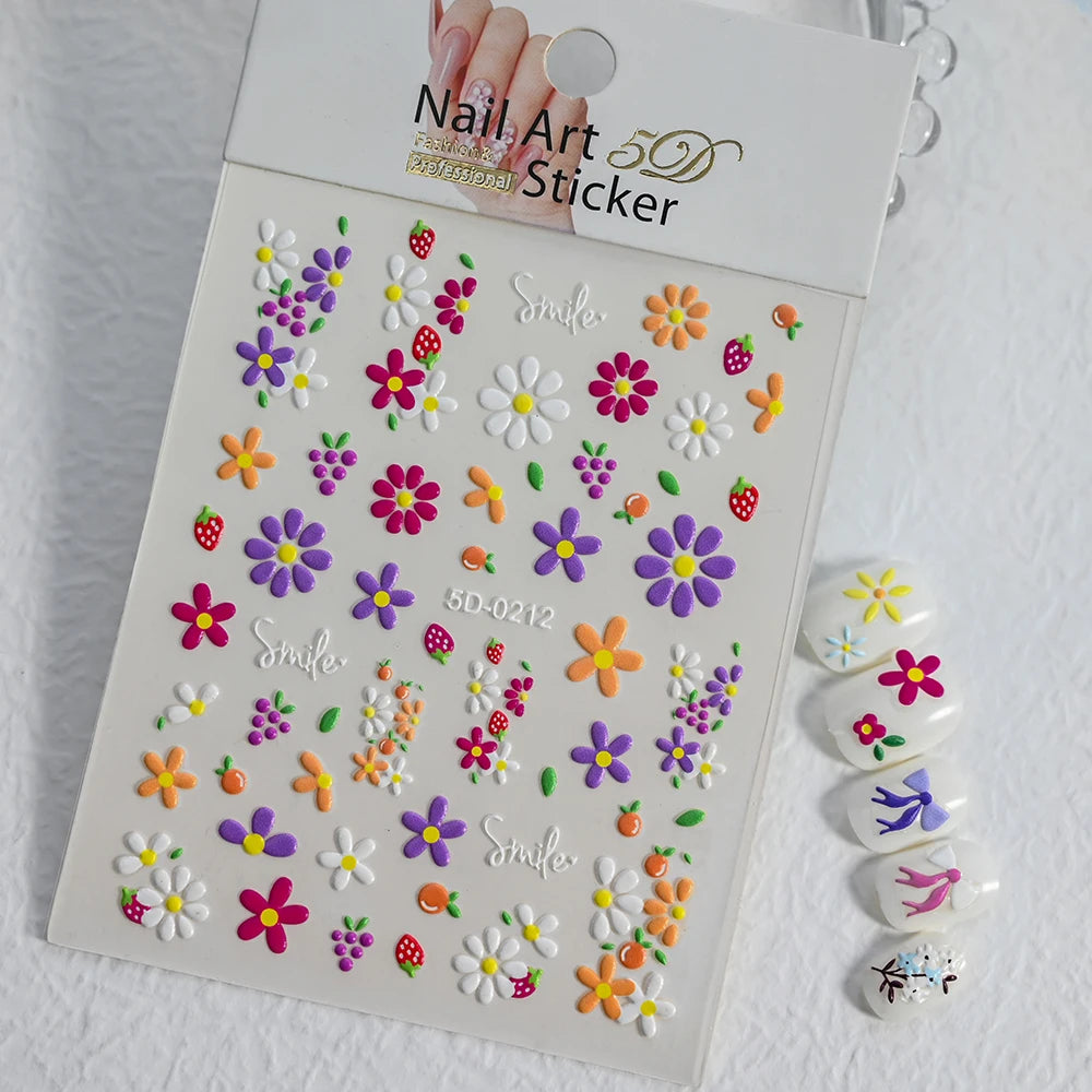 1Pc 5D Geprägte Kawaii Floral Schmetterling Nagel Aufkleber 3D Cartoon Bogen Kaninchen Erdbeere Klebe Aufkleber Urlaub Nagel Sliders