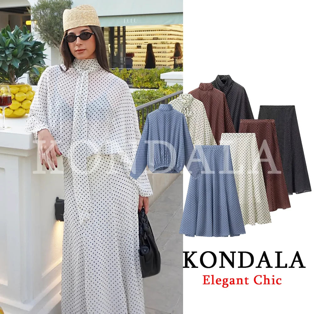 KONDALA Damen-Set, trendiges Polka-Dot-Rock-Set, Schleife, durchsichtige Fliege, Hemden, langer Rock, modisch, 2026, Frühling, Sommer, Urlaub, Damen-Set