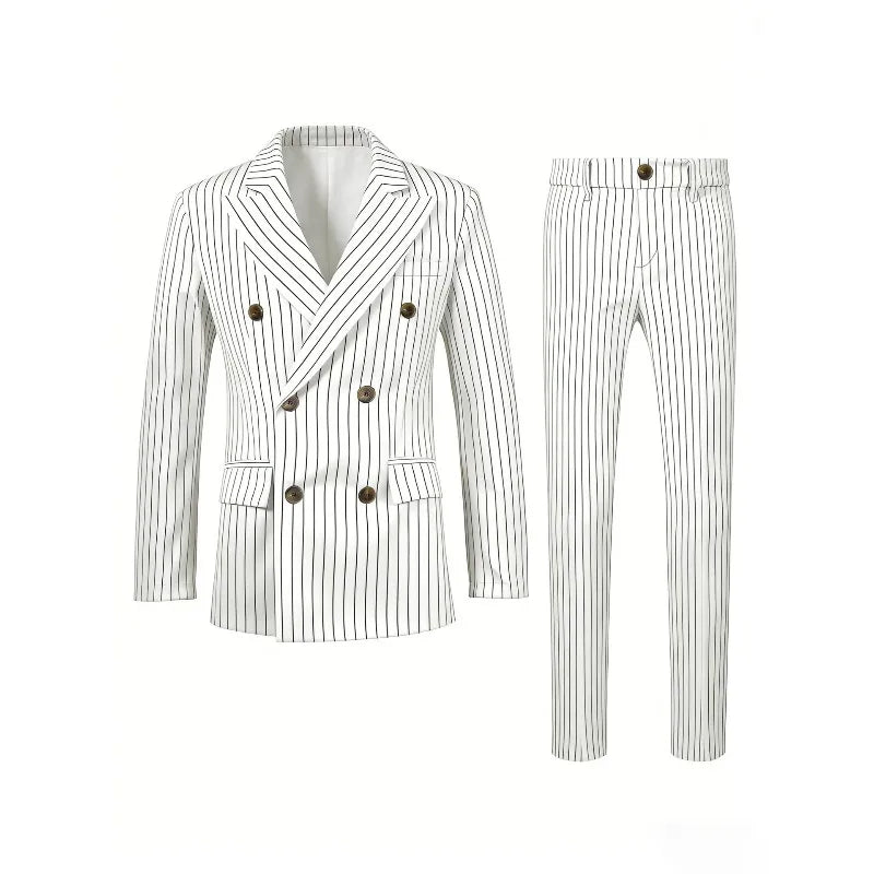 KIDWHXR Herren 2-teiliges Set Doppelreihiger Langarm-Blazer Gerade Geschnittene Hose Gestreifter Business-Hochzeits-Party-Anzug
