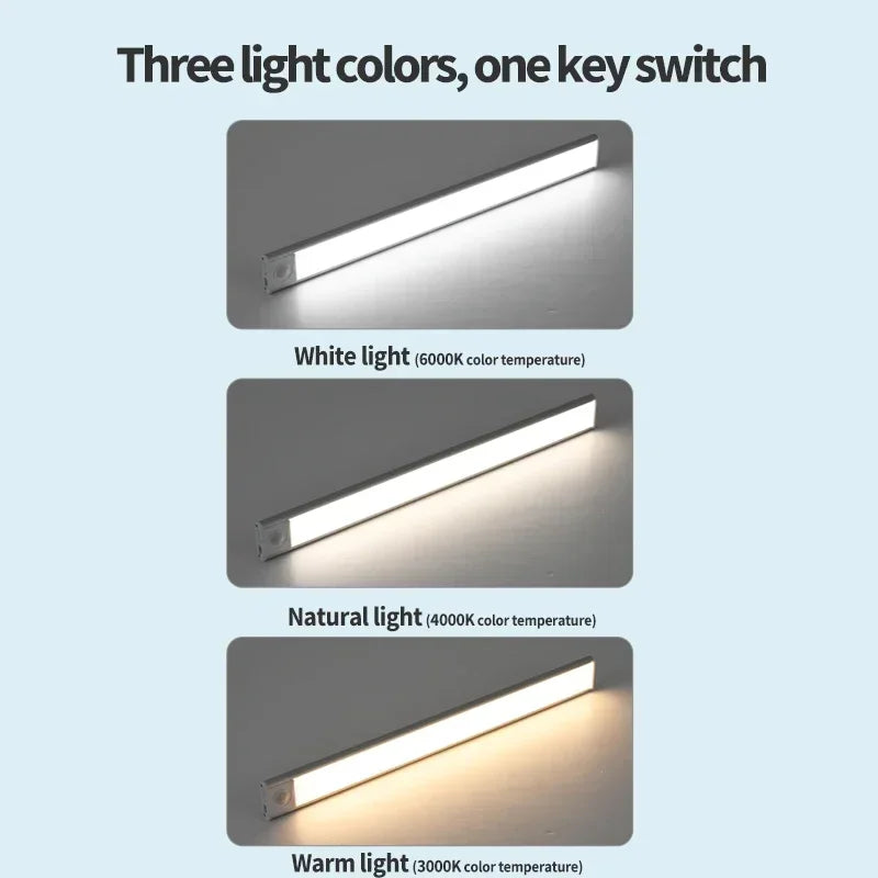 10–60 cm Bewegungsmelder unter dem Schrank, kabelloses, wiederaufladbares USB-Nachtlicht, 3 Farben, Schranklampe für den Innenbereich, Schlafzimmerbeleuchtung