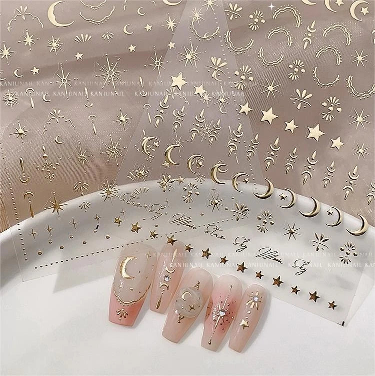 Vergoldete Stern und Mond Bronzing Nail Art Aufkleber hochwertige 3D Gold/Silber selbst klebende Slider DIY Nagel Aufkleber Dekoration 8*10cm