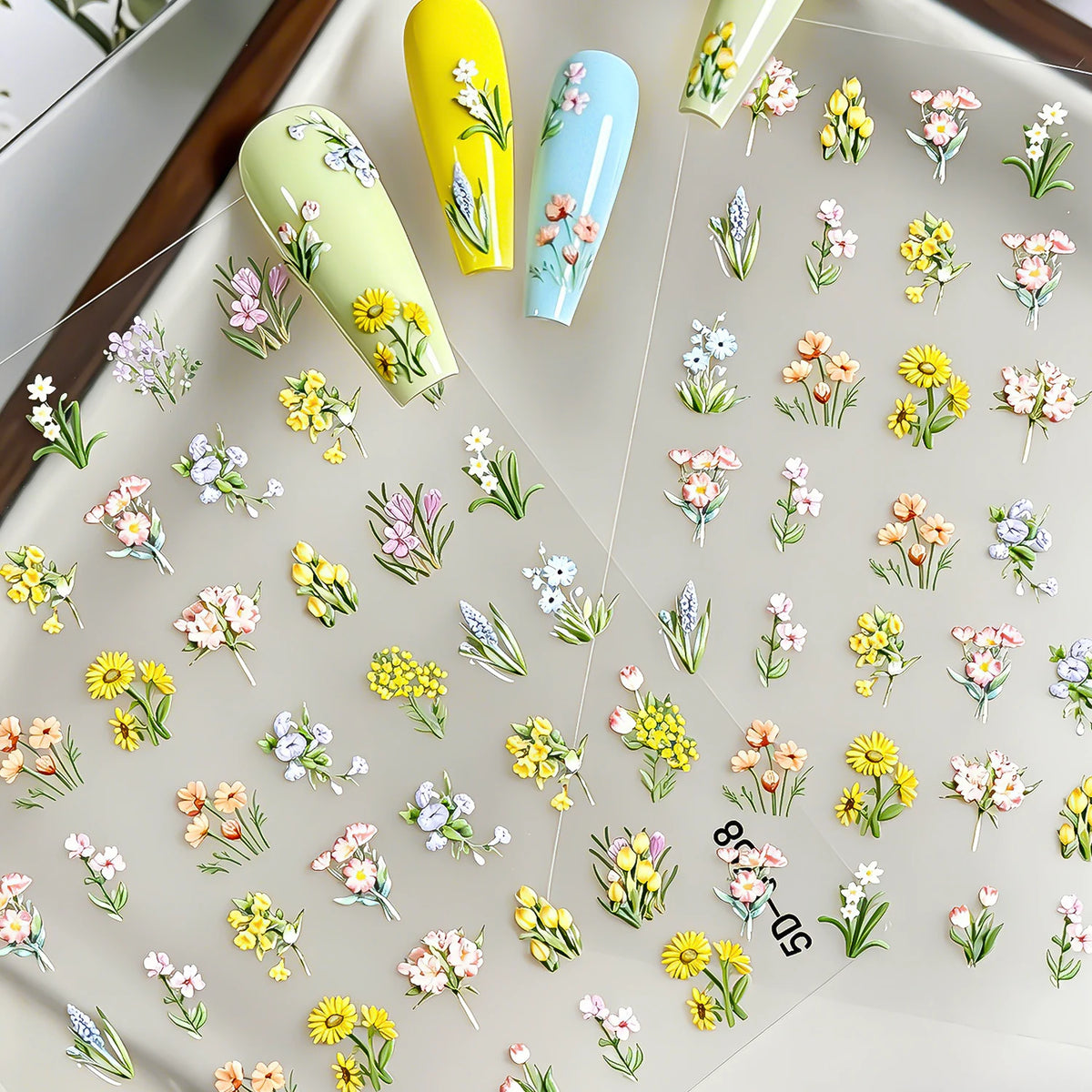 5D Geprägte Mehrkategorien-Blumen Nagelaufkleber Sonnenblume, Tulpe, Orchidee, Gras, Hyazinthe Design Nagelsticker DIY Frühlings-Blumendekoration
