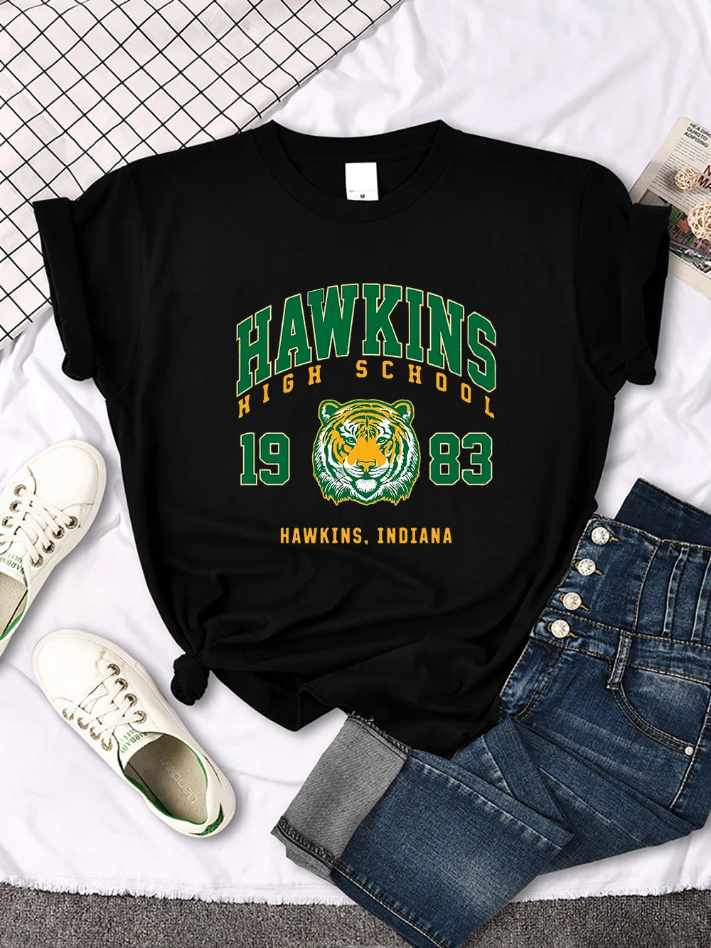 Hawkins High School 1983, bedrucktes Damen-T-Shirt, neue Harajuku-T-Shirts, Street-Fashion, Streetwear, lässige Rundhalsausschnitt-Kleidung