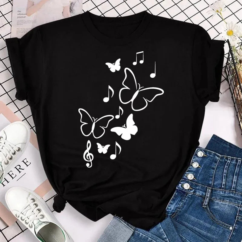 Neue blaue Schmetterling Blumen gedruckt T-Shirt Frauen Sommer lässig Kurzarm O-Ausschnitt Tops 90er Jahre Mode Grafik weibliche Tops T-Shirts