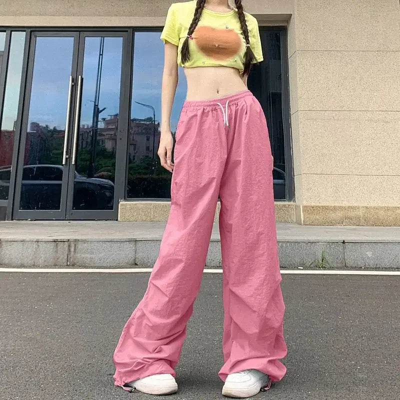 Leichte Dünne Fallschirm Hosen Frauen Kordelzug Hohe Taille Cargo Hosen Frau Harajuku Streetwear Breite Bein Baggy Jogginghose