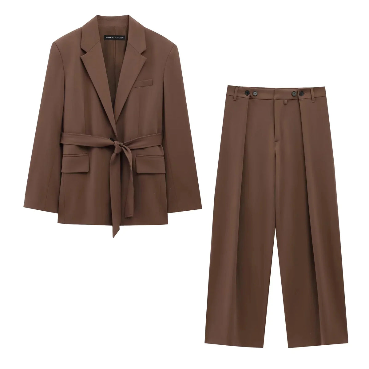 KONDALA 2026 Frühling Eleganter Brauner Damenanzug für Büro, Modischer Lässiger Blazer mit Gürtel, Oversized Shrug, Schicker Reißverschluss, Lange Hose