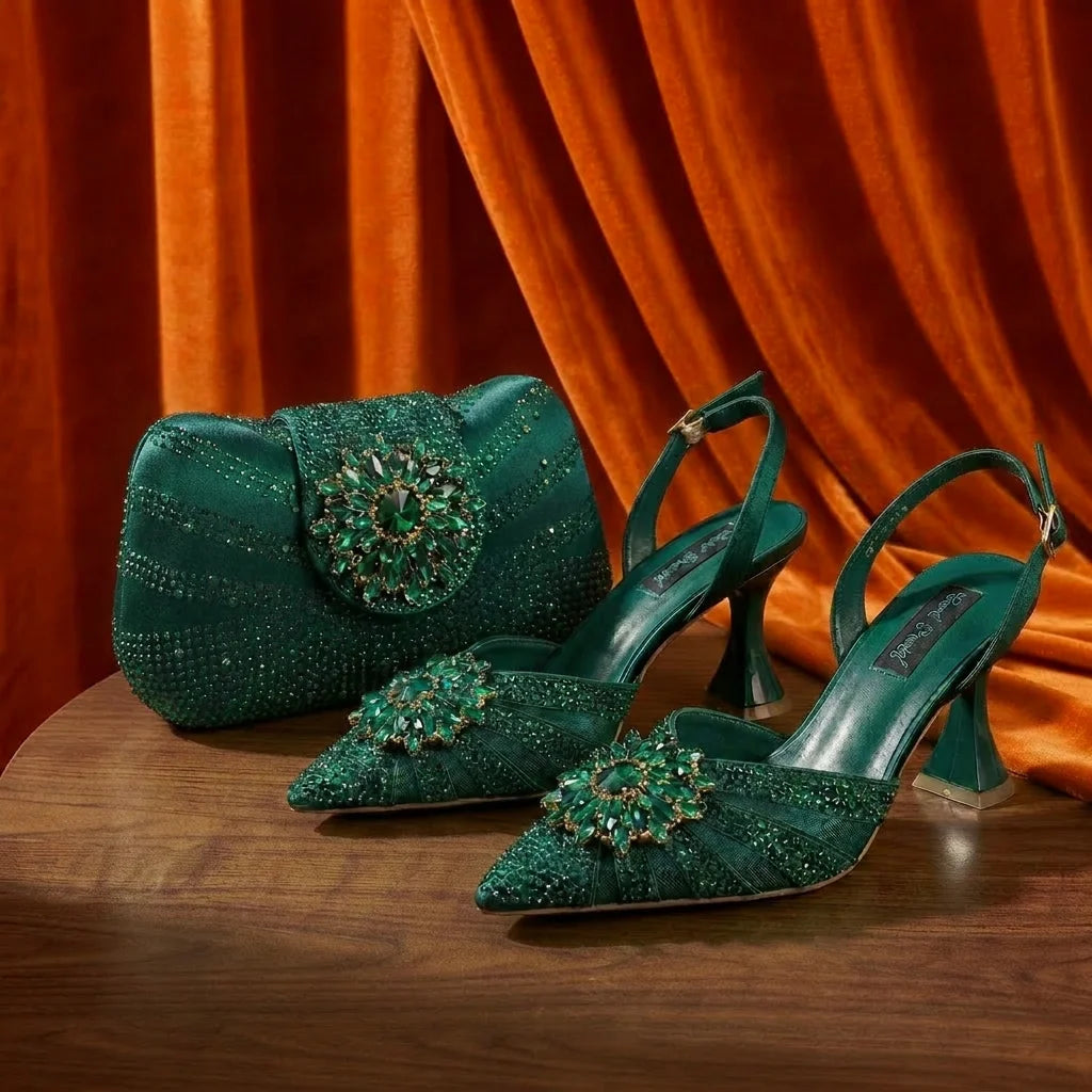 2026 Elegante grüne Strass-Slingback-Absätze für Damen & passendes Handtaschen-Set – Komfort inklusive – Stylische Schuhe mit spitzer Zehenpartie