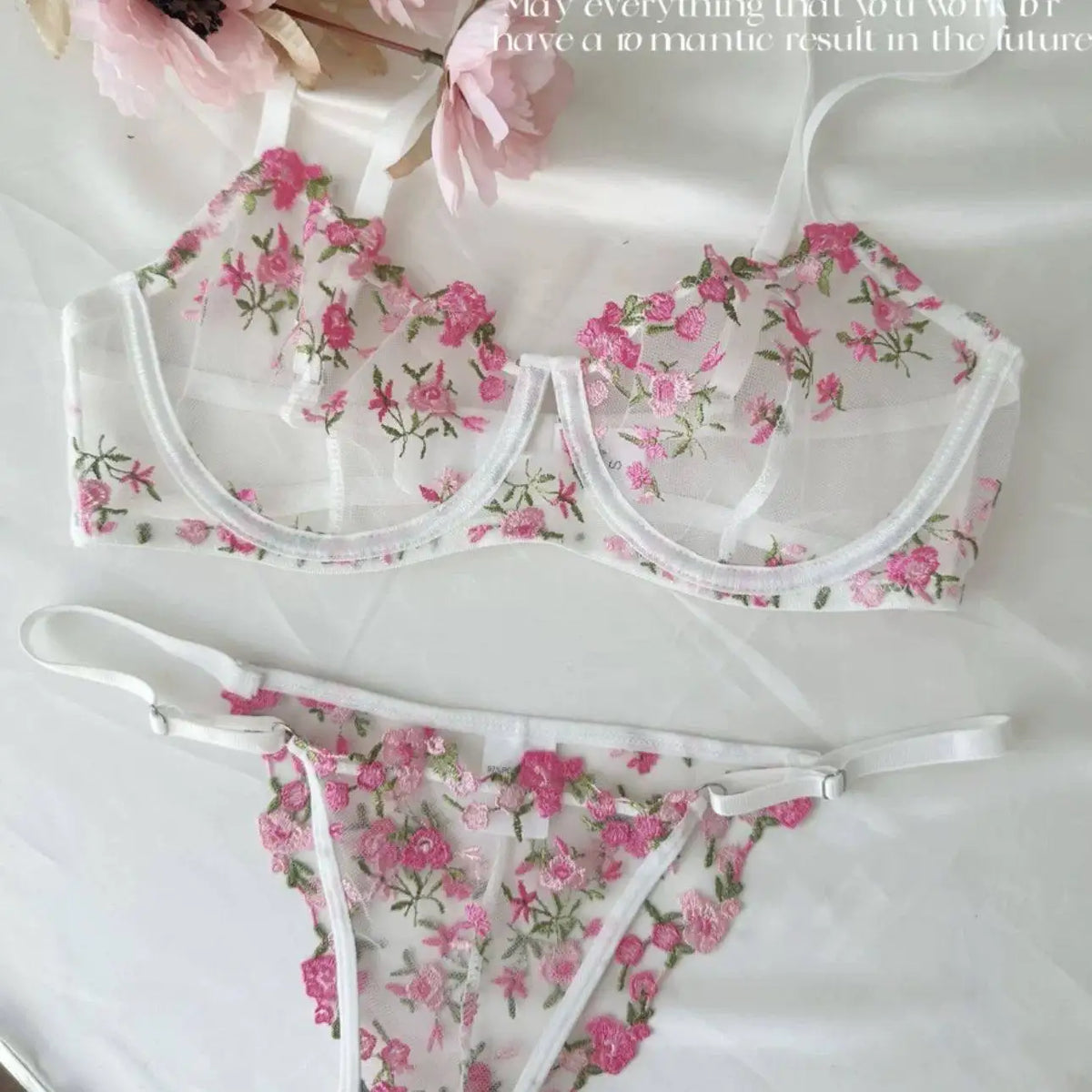 Französisches Blumen-BH-Set für Damen |   Süßes sexy transparentes Mesh-Spitze-Set, transparentes Unterwäsche-Set |   Praktisches und feminines MOYISU Sexy Höschen-Set