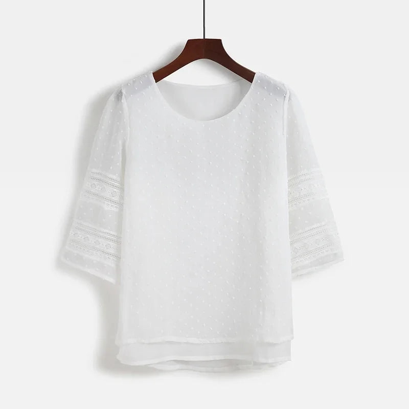 Damenoberteile, modische Bluse, halbe Ärmel, Chiffon-Hemden, Spitzennähte