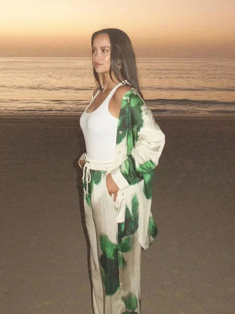 HH 2024 Sommer Weibliche Elegante Blumen Druck 2 Stück Anzug Lange Ärmel Revers Bluse + Kordelzug Breite Bein Hosen kausalen Outfit
