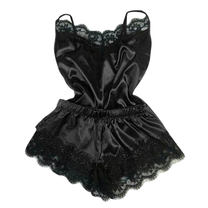 Mode Nachtwäsche Spitzen besatz Satin Cami Top Pyjama Sets sexy heiße erotische Home Wear Frauen Pyjamas Frauen Nachtwäsche ärmellosen Riemen