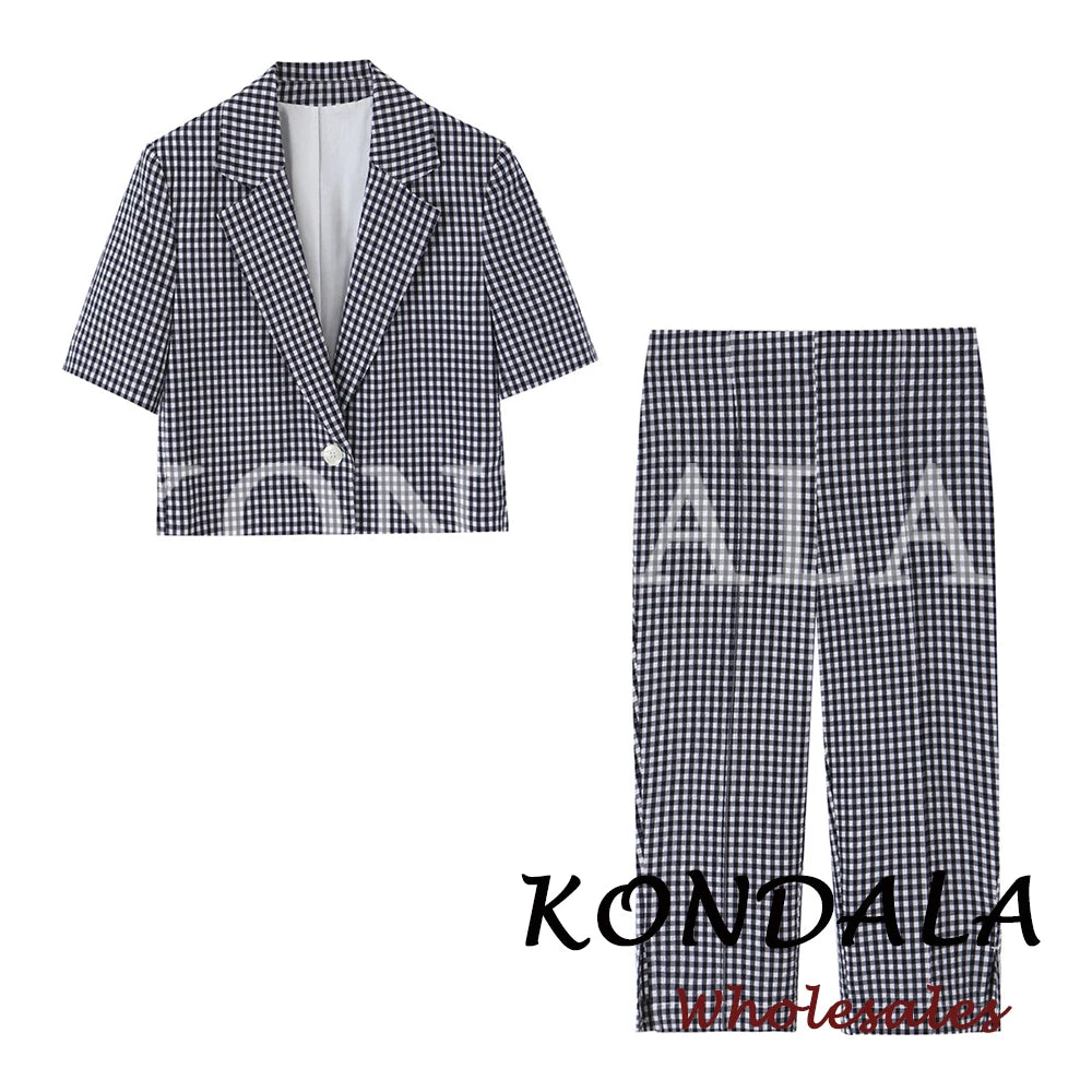 KONDALA Chic Fashion 2026 Lässiger Damen-Karo-Anzug Sommer Kurzer Blazer mit Knöpfen + Gerade Lange Hose mit Reißverschluss Elegante Damenanzüge