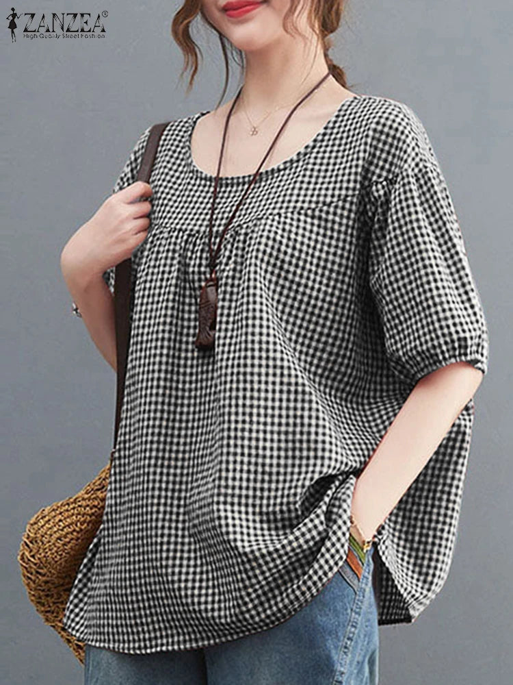 ZANZEA Sommer Vintage Frauen Casual Lose Hemd Baggy Plaid Kariert Tops Tunika Mode O Hals Kurzarm Bluse Blusas Chemise