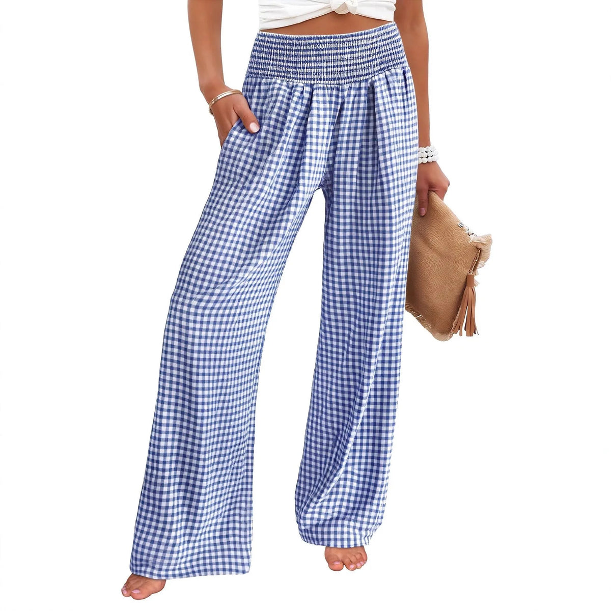 2025, Frühling und Herbst, neue Freizeithose, kariert, locker, grenzüberschreitend, Damenmode, lässig, elastische Taille, weites Bein