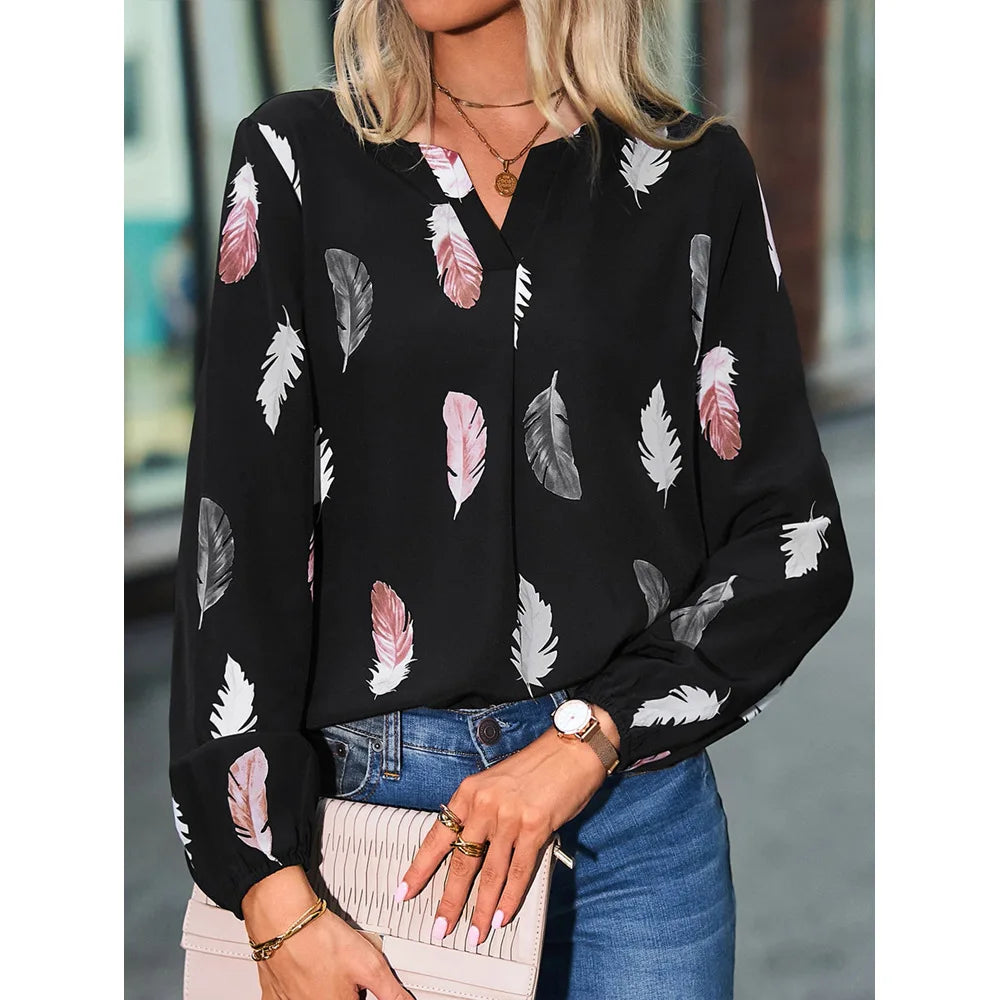 Mode Frau Bluse Shirts Für Frauen Stilvolle Top langarm Feder Muster Weibliche Tops Elegante Chiffon Mujer Frau Kleidung