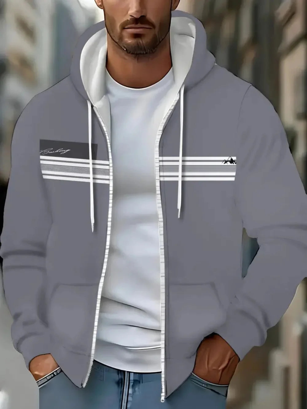 Lässiges, gestreiftes Herren-Sweatshirt mit Kapuze und durchgehendem Reißverschluss, Outdoor-Kleidung, glatte Kapuzentaschen mit Kordelzug, einfache gestreifte Sportbekleidung für Herren