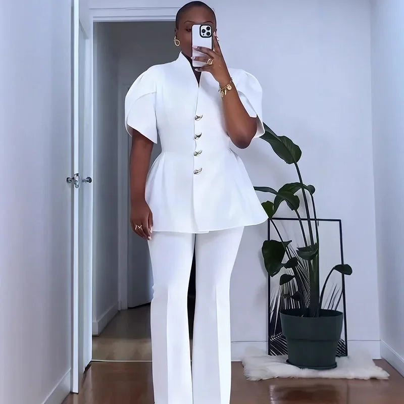 Vintage Elegante Zwei Stück Set Frauen Passenden Sets Büro Dame einreiher Puff Sleeve Blazer Mantel und Breite Bein Hosen anzüge