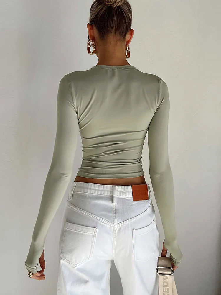 Modisches Damen-T-Shirt mit langen Ärmeln, Rundhalsausschnitt, solides Slim-Fit-Damen-Crop-Top mit Daumenlöchern für den täglichen Streetwear-Sommer-Camis